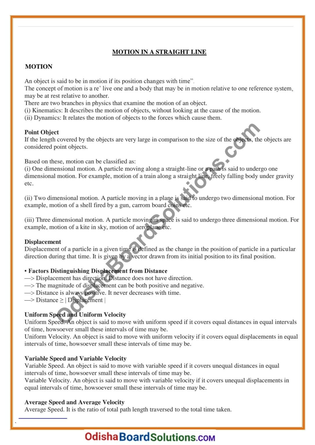 Chse odisha class 11 motion in a straight line notes odisha board
