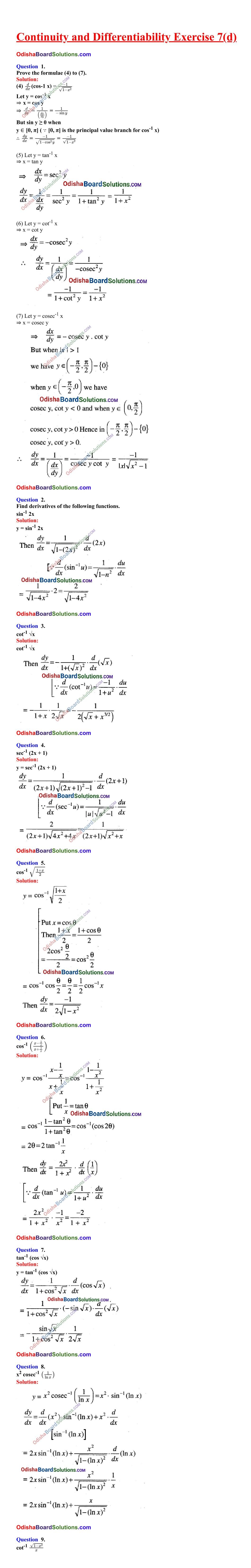 CHSE Odisha Class 12 Elements Of Mathematics Solutions Chapter 7 Continuity and Differentiability Exercise 7(d) part 1