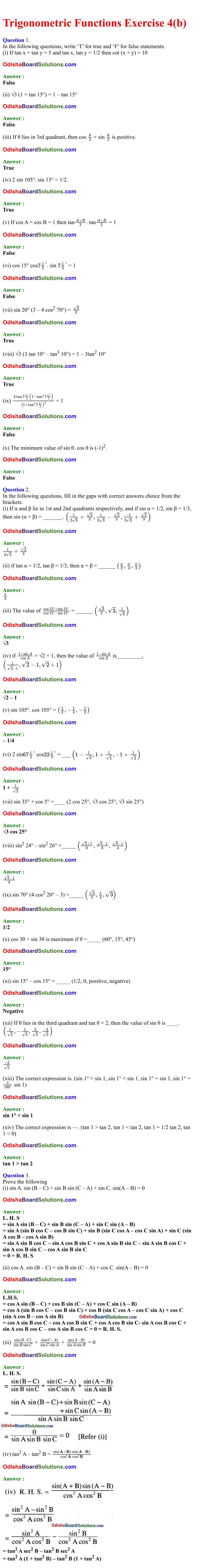 CHSE Odisha Class 11 Math Solutions Chapter 4 Trigonometric Functions Exercise 4(b)