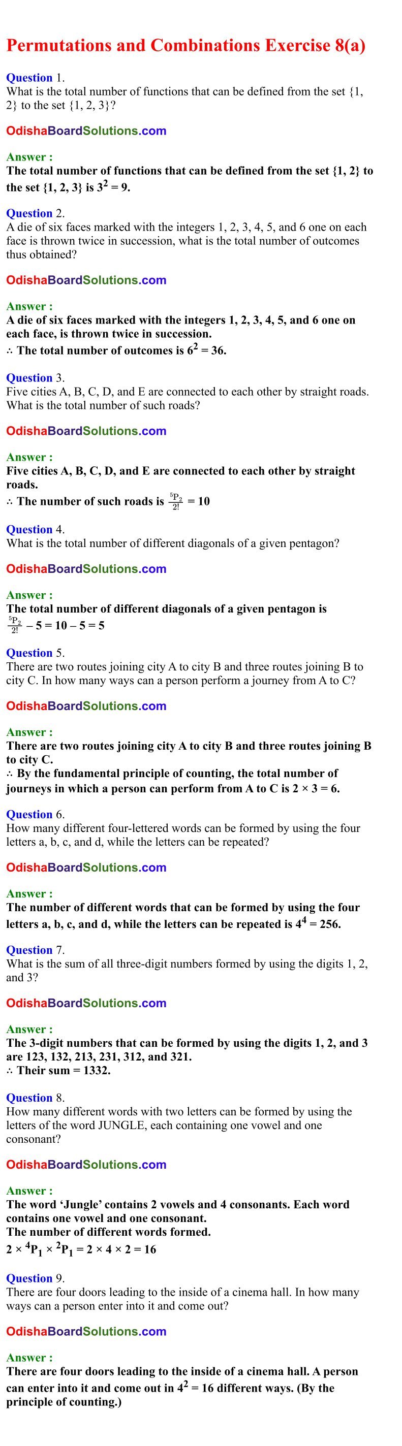 CHSE Odisha Class 11 Math Solutions Chapter 8 Permutations and Combinations Exercise 8(a)