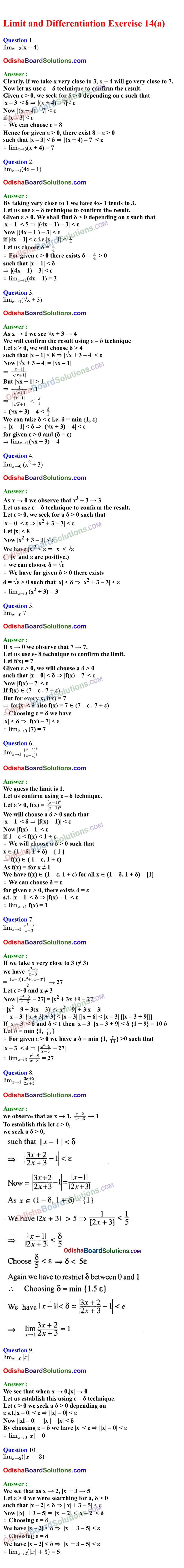 CHSE Odisha Class 11 Math Solutions Chapter 14 Limit and Differentiation Exercise 14(a)