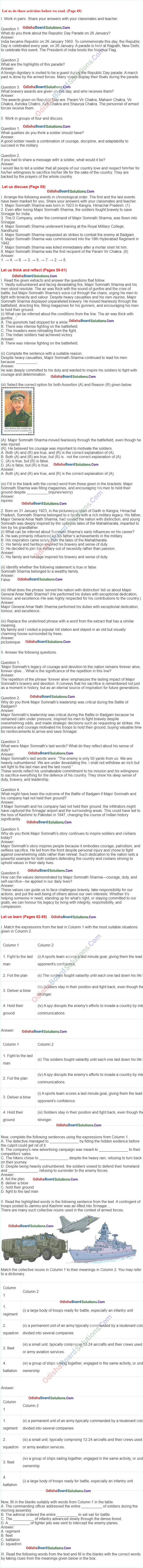 A Tale Of Valour Major Somnath Sharma And The Battle Of Badgam Question Answer Odisha Board Class 8 English Jasmine