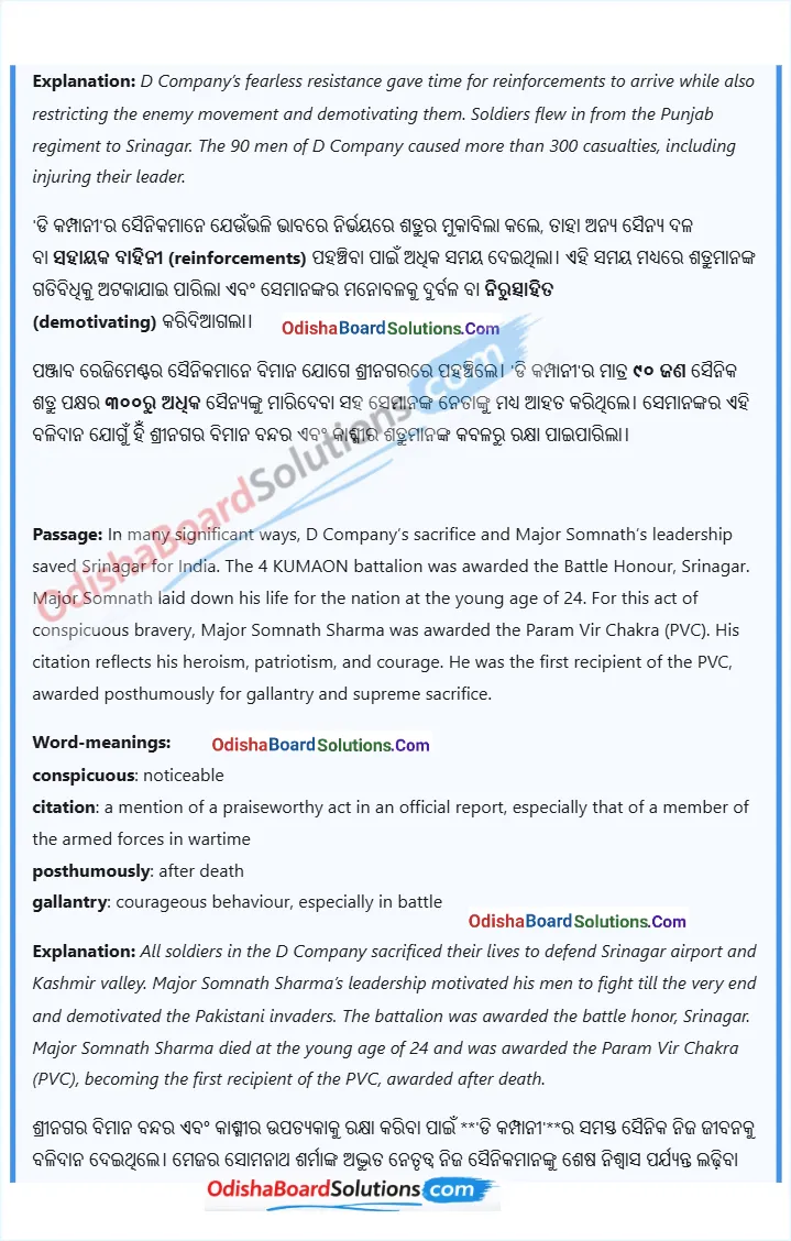 A Tale of Valour: Major Somnath Sharma and the Battle of Badgam summary in odia line by line