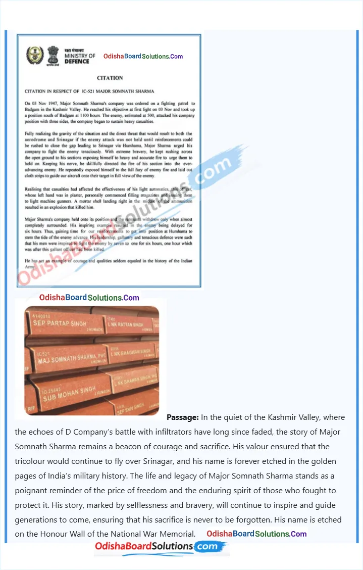 Class 8 English Jasmine Book A Tale of Valour: Major Somnath Sharma and the Battle of Badgam summary in odia