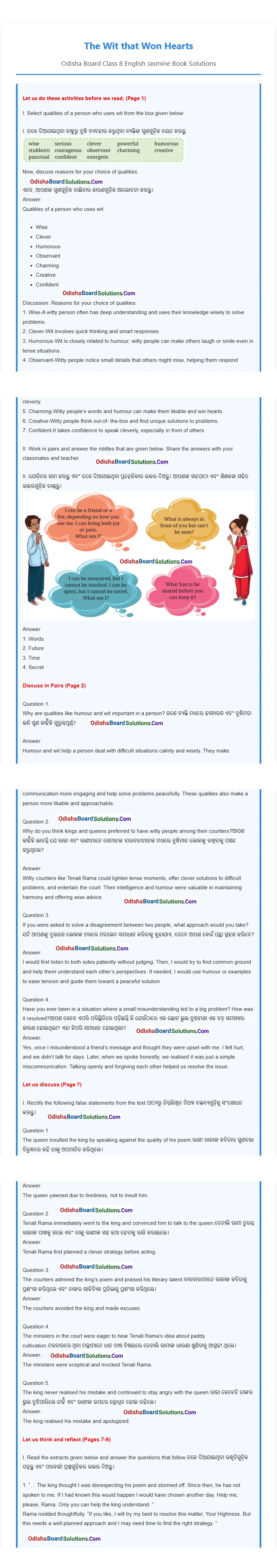 Jasmine Class 8 The Wit that Won Hearts Question Answer Odia Medium