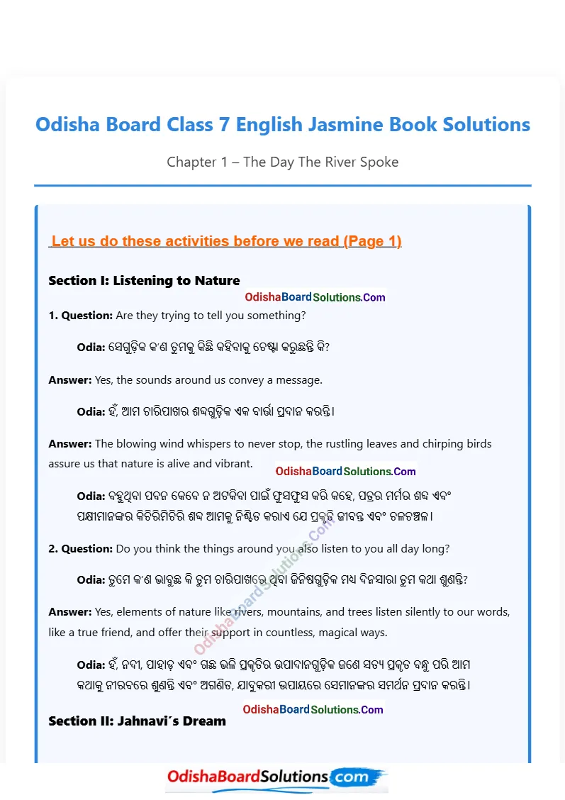 Odia Medium Class 7 English Jasmine Chapter 1 Question Answer