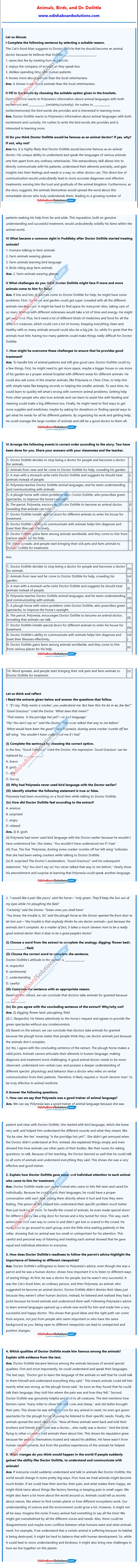 Class 7 Jasmine Animals Birds and Dr Dolittle Question Answer Odia Medium